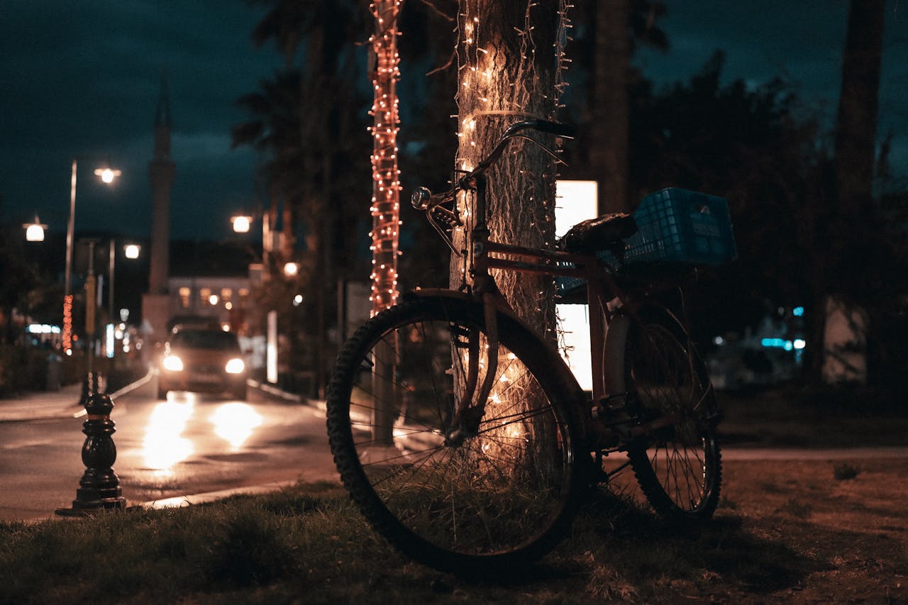Home A moody street view of a bicycle against a lit tree with a distant car at night.
